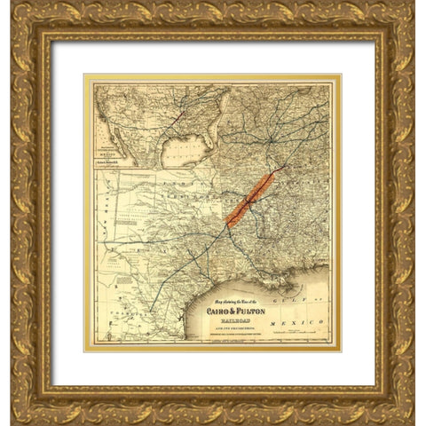 Cairo and Fulton Railroad 1871 Gold Ornate Wood Framed Art Print with Double Matting by Vintage Maps
