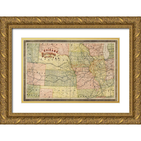 Chicago Burlington and Quincy 1881 Gold Ornate Wood Framed Art Print with Double Matting by Vintage Maps