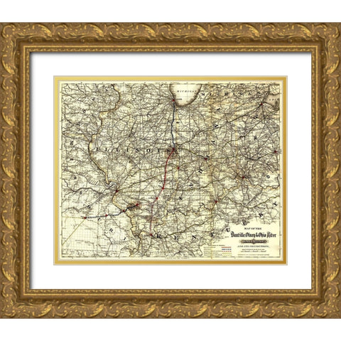 Danville Olney and Ohio River Railroad 1881 Gold Ornate Wood Framed Art Print with Double Matting by Vintage Maps