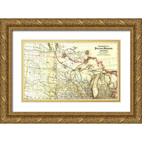 Duluth and Winnipeg Railroad 1881 Gold Ornate Wood Framed Art Print with Double Matting by Vintage Maps