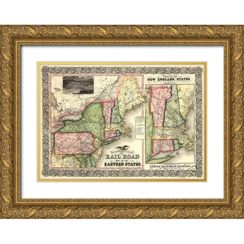 Road Map of the Eastern States 1856 Gold Ornate Wood Framed Art Print with Double Matting by Vintage Maps