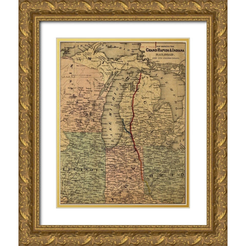 Grand Rapids and Indiana Railroad 1871 Gold Ornate Wood Framed Art Print with Double Matting by Vintage Maps