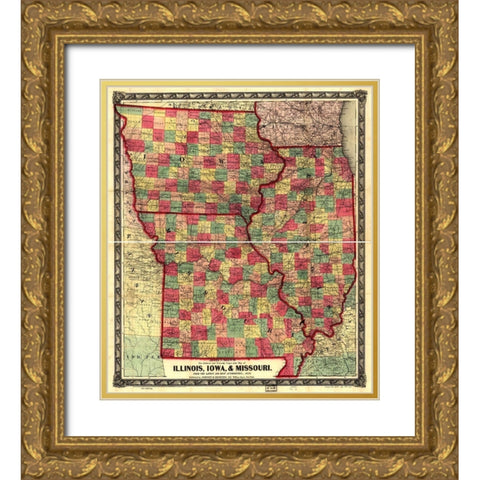 Illinois Iowa and Missouri 1857 Gold Ornate Wood Framed Art Print with Double Matting by Vintage Maps