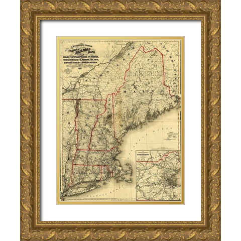 Maine New Hampshire Vermont Massachusetts Rhode Island Connecticut and Lower Canada 1860 Gold Ornate Wood Framed Art Print with Double Matting by Vintage Maps
