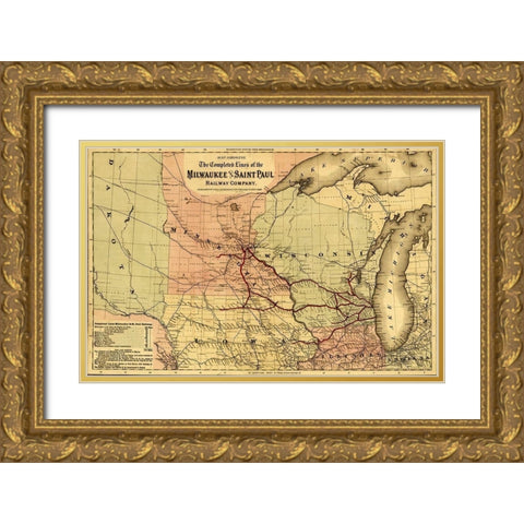 Milwaukee and Saint Paul Railway 1872 Gold Ornate Wood Framed Art Print with Double Matting by Vintage Maps
