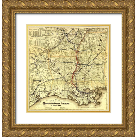 Mississippi Valley Railroad of Louisiana 1872 Gold Ornate Wood Framed Art Print with Double Matting by Vintage Maps