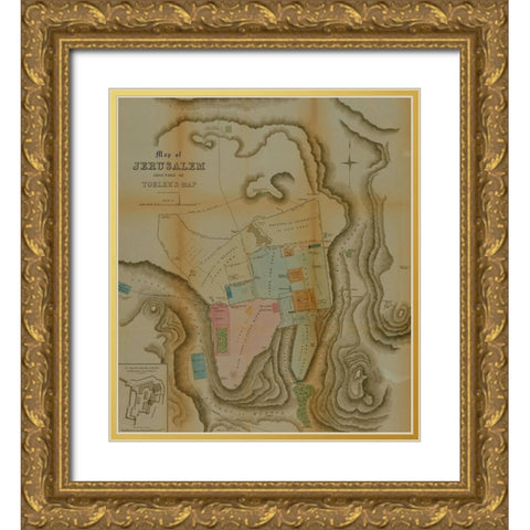 Semi Antique Map of Jerusalem Gold Ornate Wood Framed Art Print with Double Matting by Vintage Maps