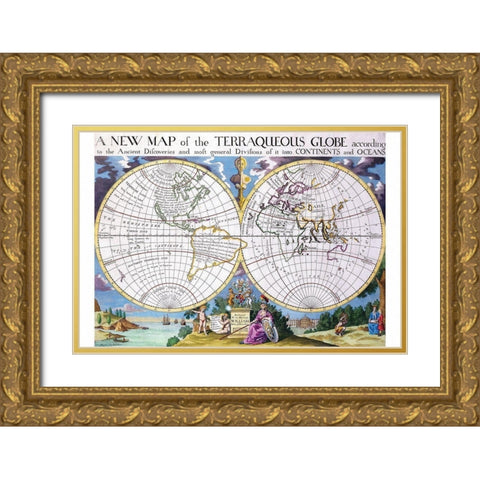 Stereographic Projection of the World with Latitude and Longitudinal lines Gold Ornate Wood Framed Art Print with Double Matting by Wells, Edward