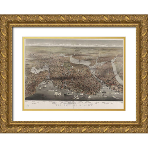 City of Boston Gold Ornate Wood Framed Art Print with Double Matting by Currier and Ives