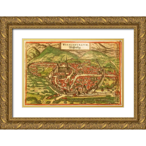 Wissembourg White Castle Alsace Gold Ornate Wood Framed Art Print with Double Matting by Hogenberg, Braun