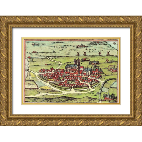 Lund Sweden Gold Ornate Wood Framed Art Print with Double Matting by Hogenberg, Braun