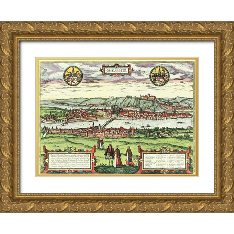 Passau Germany Gold Ornate Wood Framed Art Print with Double Matting by Hogenberg, Braun