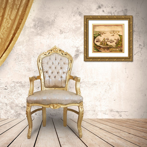 Penon de Velez de la Gomera Gold Ornate Wood Framed Art Print with Double Matting by Hogenberg, Braun