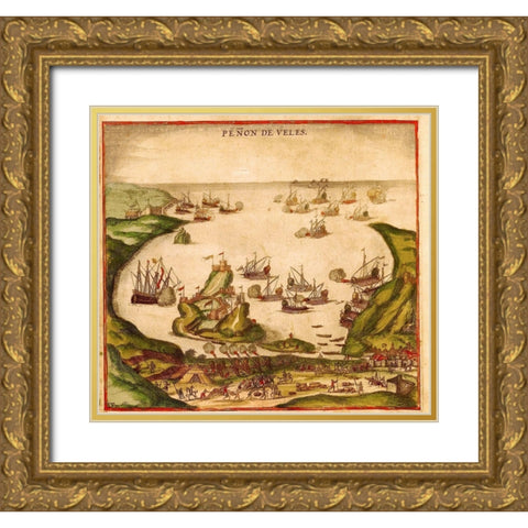 Penon de Velez de la Gomera Gold Ornate Wood Framed Art Print with Double Matting by Hogenberg, Braun