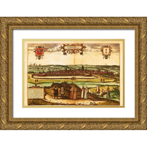 Gdansk Poland Gold Ornate Wood Framed Art Print with Double Matting by Hogenberg, Braun