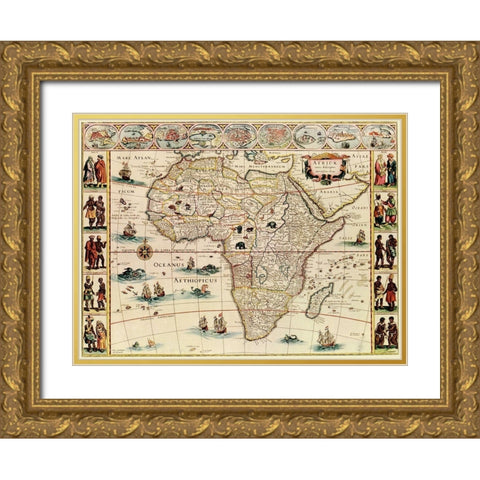 Africa 1666 with its peoples Gold Ornate Wood Framed Art Print with Double Matting by Blaeu, William