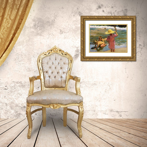 Children at the Seashore Gold Ornate Wood Framed Art Print with Double Matting by Sorolla, Joaquin