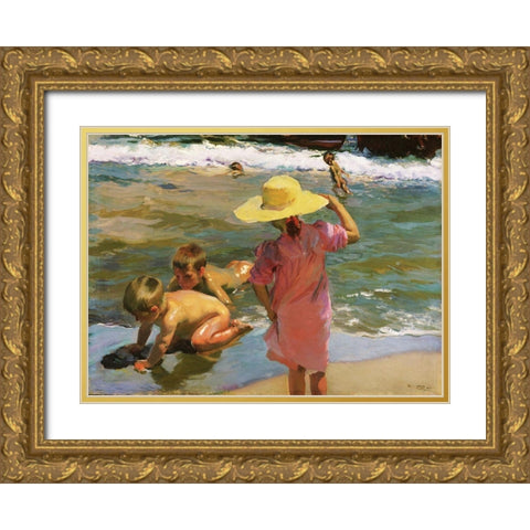Children at the Seashore Gold Ornate Wood Framed Art Print with Double Matting by Sorolla, Joaquin