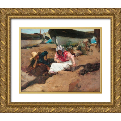 Mending the Nets Gold Ornate Wood Framed Art Print with Double Matting by Sorolla, Joaquin