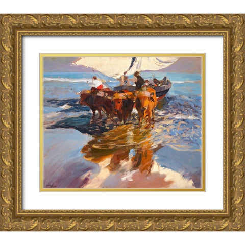 Fishing Boats Valencia Beach Gold Ornate Wood Framed Art Print with Double Matting by Sorolla, Joaquin