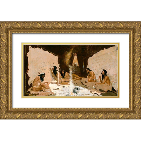 Historians of the Tribe Gold Ornate Wood Framed Art Print with Double Matting by Remington, Frederic