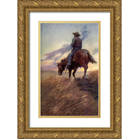Horse in Sunset from Winston of the Prairie 1907 Gold Ornate Wood Framed Art Print with Double Matting by Dunton, William