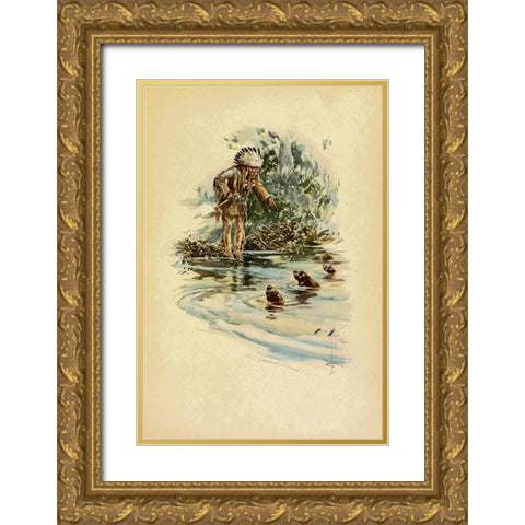 Indian and otters from The Song of Hiawatha 1906 Gold Ornate Wood Framed Art Print with Double Matting by Fisher, Harrison