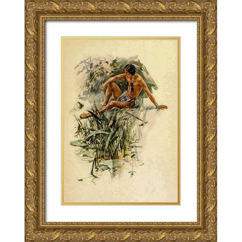 Indian by the river from The Song of Hiawatha 1906 Gold Ornate Wood Framed Art Print with Double Matting by Fisher, Harrison