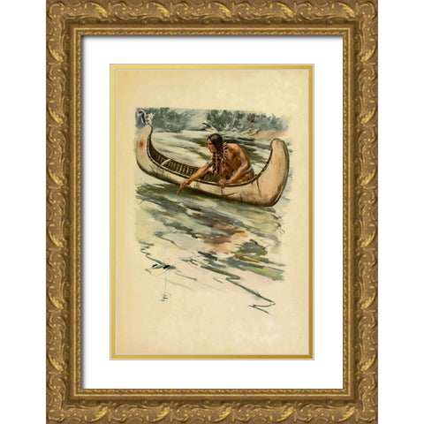 Indian canoe from The Song of Hiawatha 1906 Gold Ornate Wood Framed Art Print with Double Matting by Fisher, Harrison