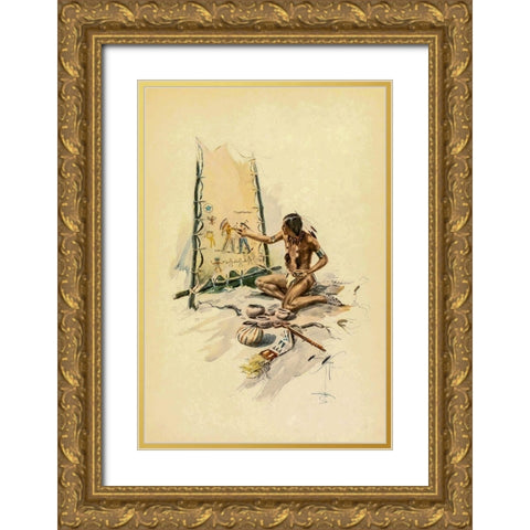 Indian painting from The Song of Hiawatha 1906 Gold Ornate Wood Framed Art Print with Double Matting by Fisher, Harrison