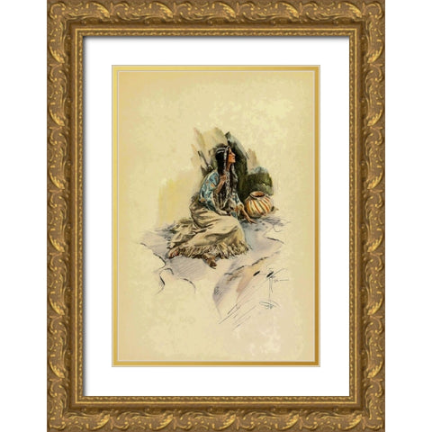Indian Woman with pot from The Song of Hiawatha 1906 Gold Ornate Wood Framed Art Print with Double Matting by Fisher, Harrison