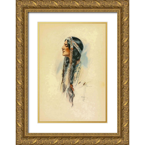 Indian Woman from The Song of Hiawatha 1906 Gold Ornate Wood Framed Art Print with Double Matting by Fisher, Harrison