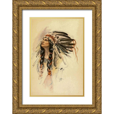 Indian with Head Dress from The Song of Hiawatha 1906 Gold Ornate Wood Framed Art Print with Double Matting by Fisher, Harrison