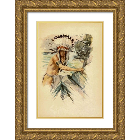 Indian with Head Dress from The Song of Hiawatha 1907 Gold Ornate Wood Framed Art Print with Double Matting by Fisher, Harrison