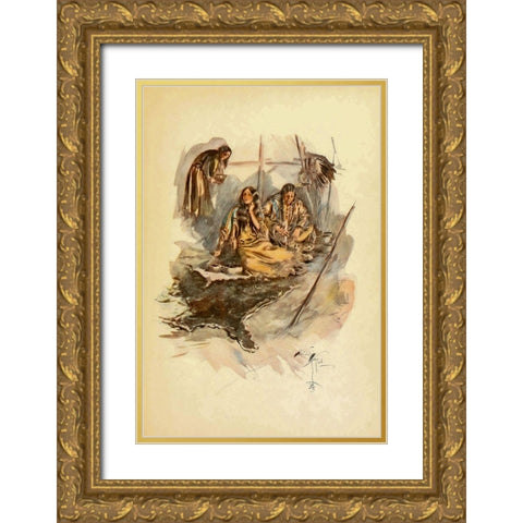 Indian women preparing food from The Song of Hiawatha 1906 Gold Ornate Wood Framed Art Print with Double Matting by Fisher, Harrison
