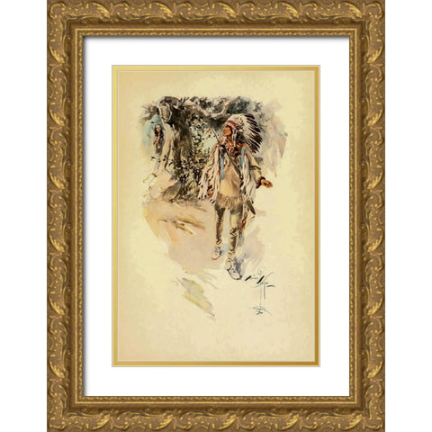 Indian from The Song of Hiawatha 1906 Gold Ornate Wood Framed Art Print with Double Matting by Fisher, Harrison