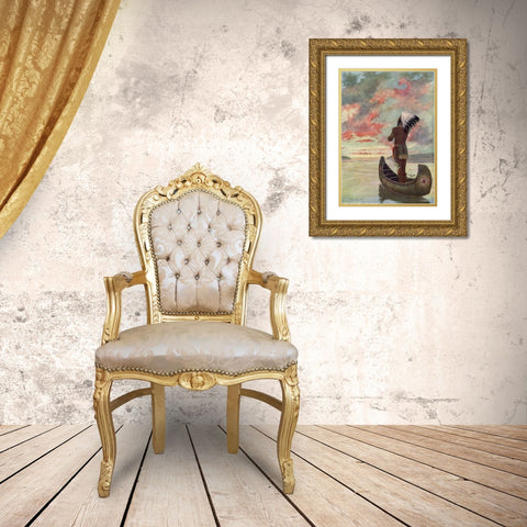 Hiawatha sailed into the fiery sunset from Story of Hiawatha 1910 Gold Ornate Wood Framed Art Print with Double Matting by Kirk, Maria