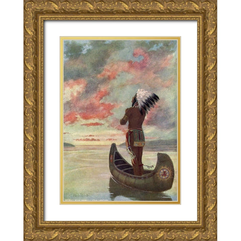 Hiawatha sailed into the fiery sunset from Story of Hiawatha 1910 Gold Ornate Wood Framed Art Print with Double Matting by Kirk, Maria
