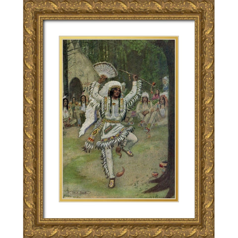 He began his mystic dances from Story of Hiawatha 1910 Gold Ornate Wood Framed Art Print with Double Matting by Kirk, Maria