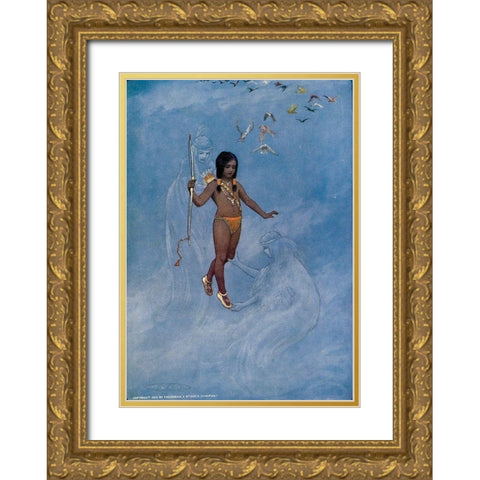 He was held by unseen hands from Story of Hiawatha 1910 Gold Ornate Wood Framed Art Print with Double Matting by Kirk, Maria
