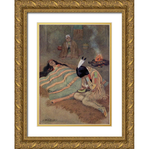 Seven long days and nights he sat there from Story of Hiawatha 1910 Gold Ornate Wood Framed Art Print with Double Matting by Kirk, Maria