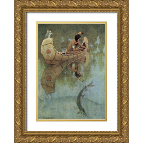 Take my bait oh king of fishes from Story of Hiawatha 1910 Gold Ornate Wood Framed Art Print with Double Matting by Kirk, Maria