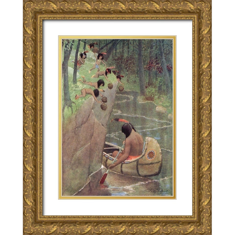They hurled down pinecones from Story of Hiawatha 1910 Gold Ornate Wood Framed Art Print with Double Matting by Kirk, Maria