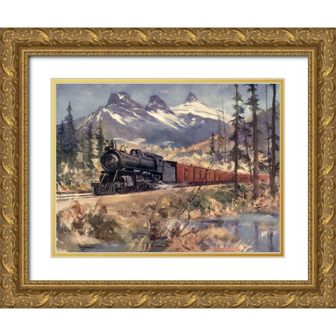 Three Sisters-Rockies Gold Ornate Wood Framed Art Print with Double Matting by Canadian Pacific Railway