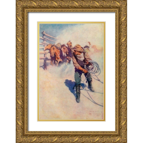 A day with the round up Gold Ornate Wood Framed Art Print with Double Matting by Wyeth, Newell