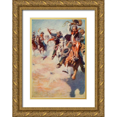 The wild race for dinner Gold Ornate Wood Framed Art Print with Double Matting by Wyeth, Newell