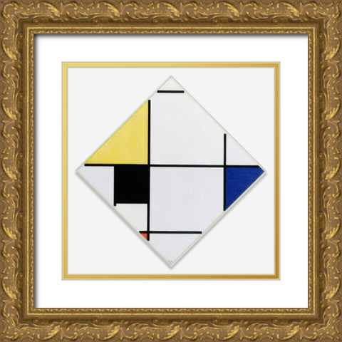 Lozenge Composition with Yellow-Black-Blue-Red-and Gray Gold Ornate Wood Framed Art Print with Double Matting by Mondrian, Piet