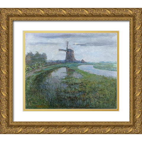 Oostzijdse Mill along the River Gein by Moonlight Gold Ornate Wood Framed Art Print with Double Matting by Mondrian, Piet