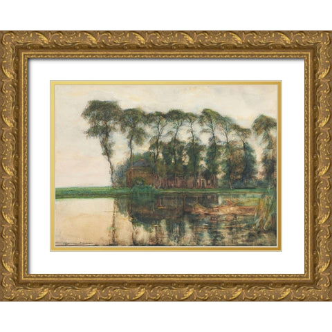 Farmstead along the water screened by nine tall trees Gold Ornate Wood Framed Art Print with Double Matting by Mondrian, Piet