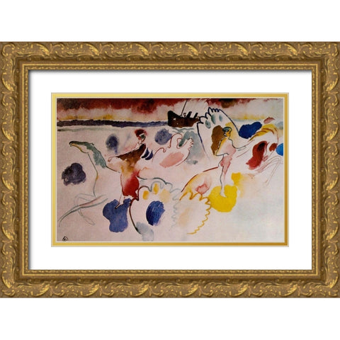 Horsemen on the shore c.1910 Gold Ornate Wood Framed Art Print with Double Matting by Kandinsky, Wassily